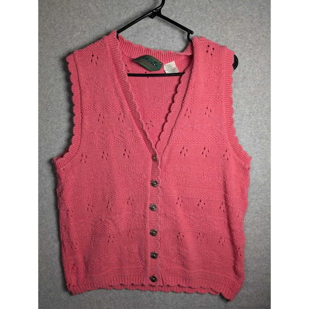 Northern Reflections Sweater Vest Lg Vintage Pink Pointelle Knit Flower‎ Grandma